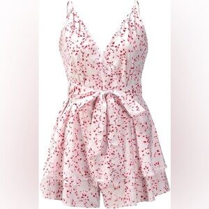 Spaghetti Strap Romper, V-Neck, Tie Knot, Ruffle Shorts, White Floral, Size XL